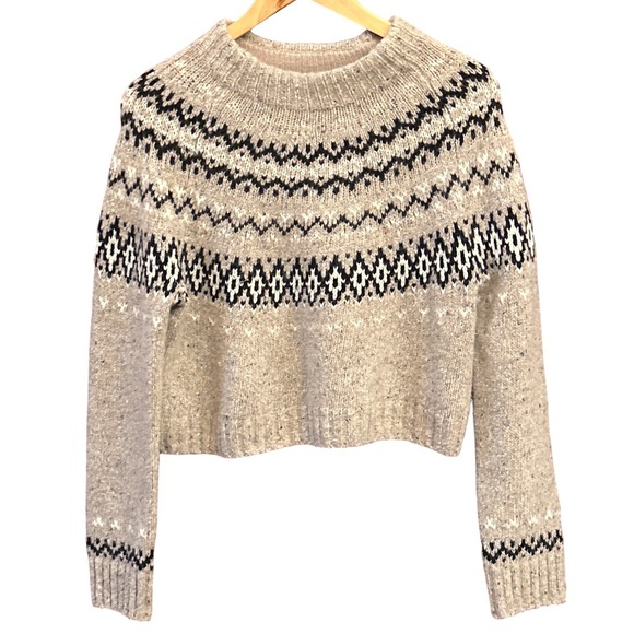 J.Crew Fair Isle Cropped Crewneck Sweater Oatmeal Black Knit Winter Pullover - Picture 1 of 5